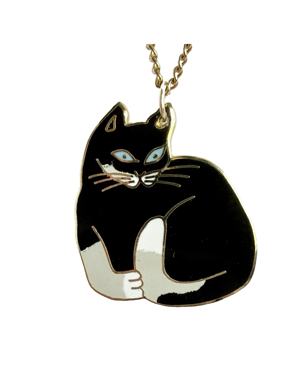 Vintage Meow Cat Necklace Black White Enamel Tuxedo Cat Gold Tone 18" Chain